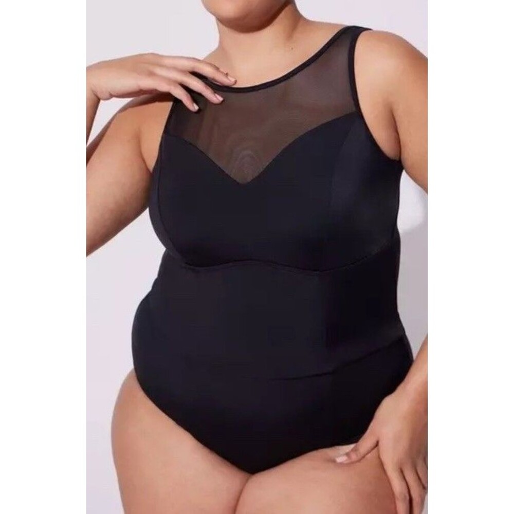 0 Torrid Black Wireless Mesh High Neck One Piece Swimsuit Women's
